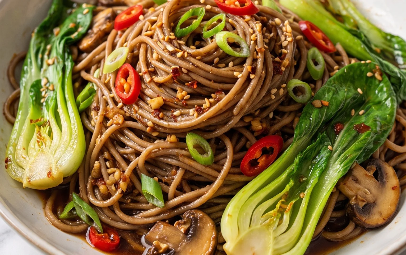 Spicy Garlic Soba Noodles with Bok Choy