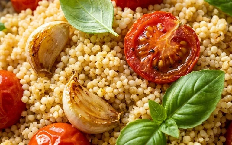 Healthy One-Pan Couscous With Garlic, Tomatoes And Basil