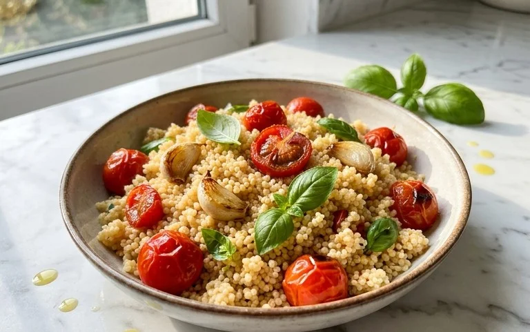Healthy One-Pan Couscous With Garlic, Tomatoes And Basil