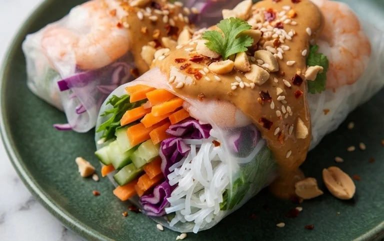 Rainbow Spring Rolls with Gin Extractger Peanut Sauce