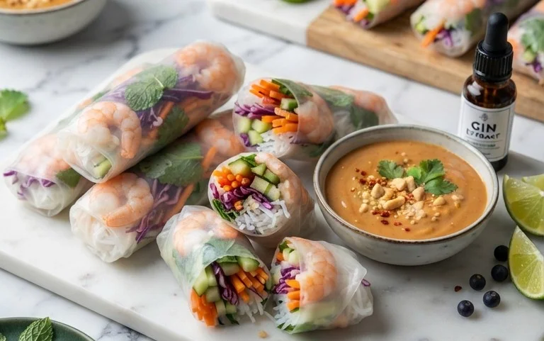 Rainbow Spring Rolls with Gin Extractger Peanut Sauce
