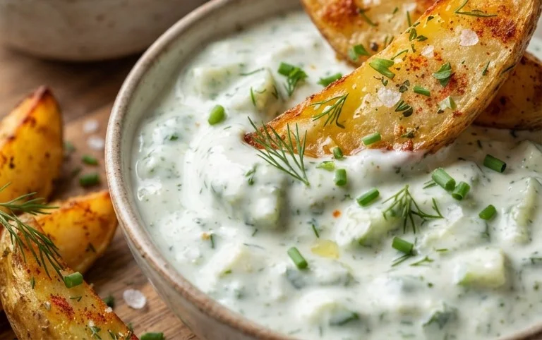 Kartoffelspalten mit Gurkendip