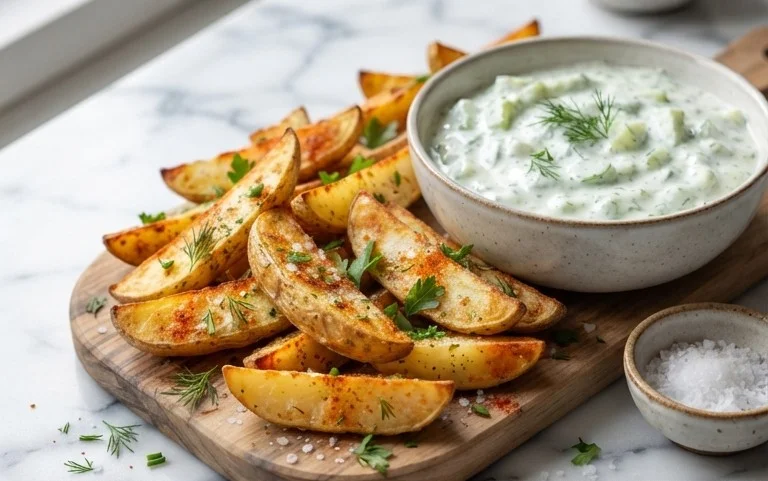 Kartoffelspalten mit Gurkendip