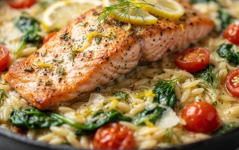 One Skillet Salmon with Lemon Orzo