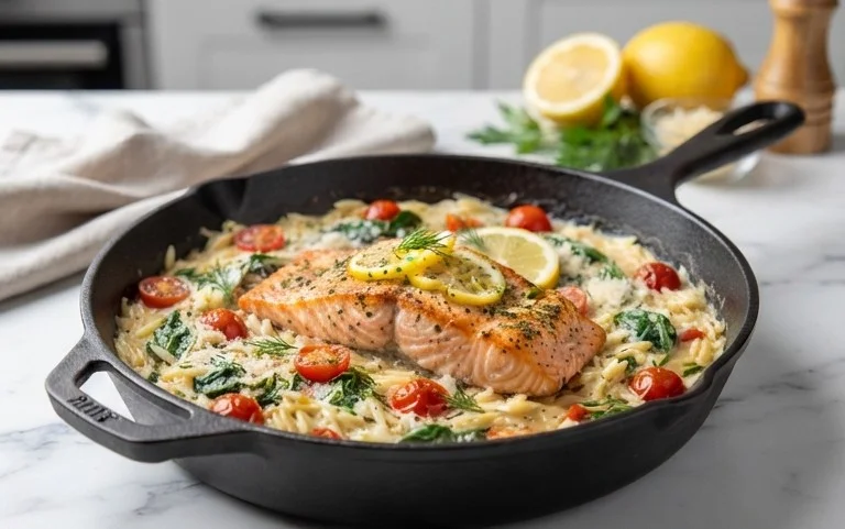 One Skillet Salmon with Lemon Orzo