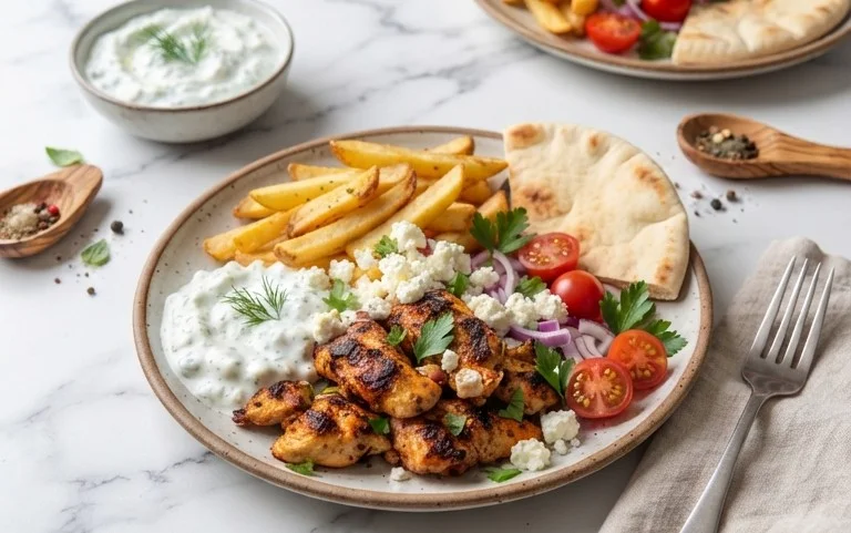Mediterranes Hähnchen-Gyros mit Feta-Tzatziki genießen!